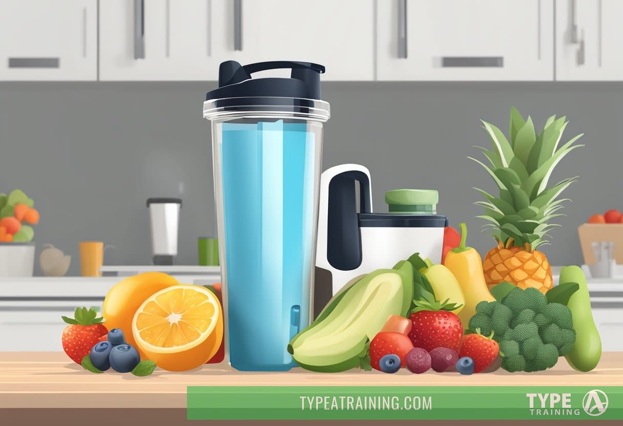A protein shake sits on a clean, modern kitchen counter next to a blender and a scoop of protein powder. The shake is surrounded by fresh fruits and vegetables, highlighting its role in fitness and nutrition