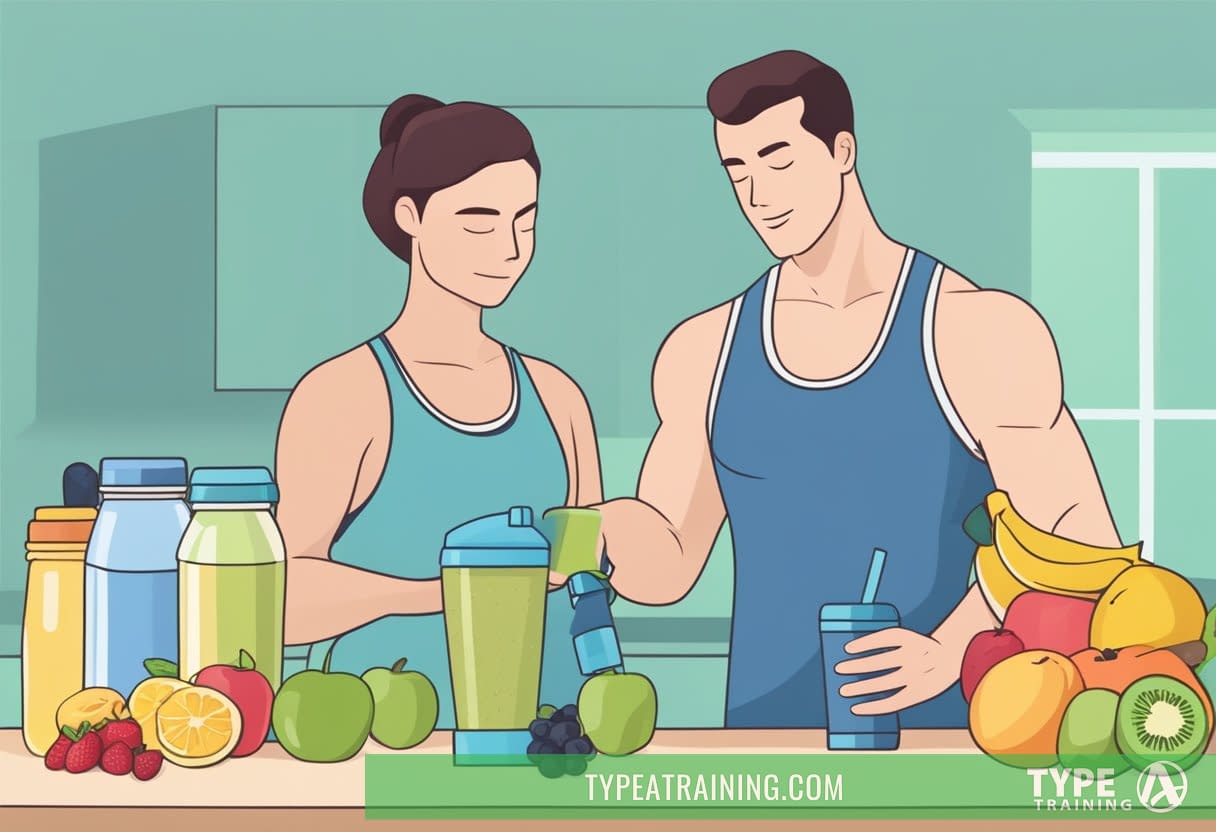 A person mixes a protein shake in a shaker bottle before or after a workout. Ingredients like protein powder, water, and fruits are laid out on the counter