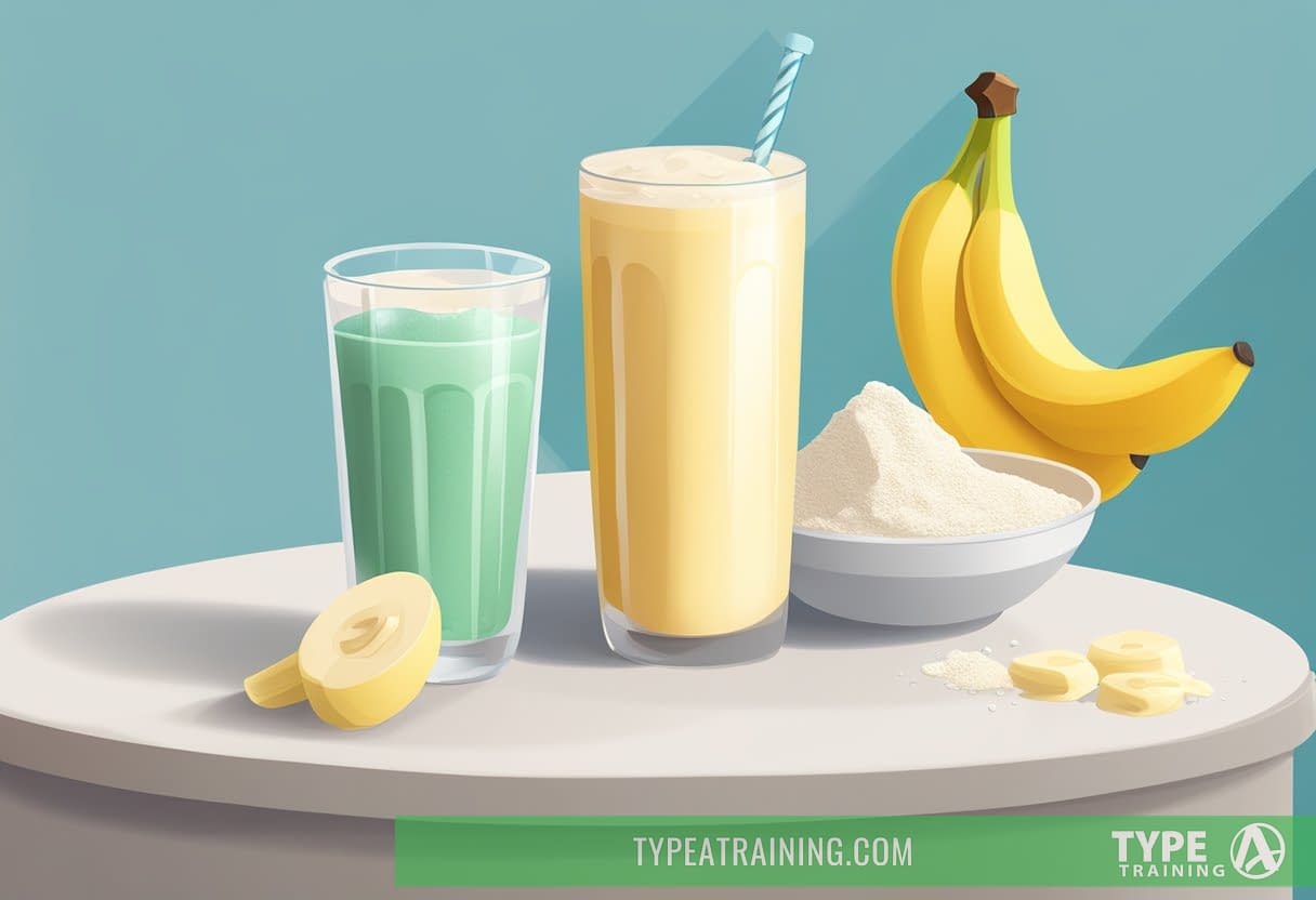 A protein shake sits on a counter next to a banana and a scoop of protein powder. A shaker bottle and a glass of water are nearby