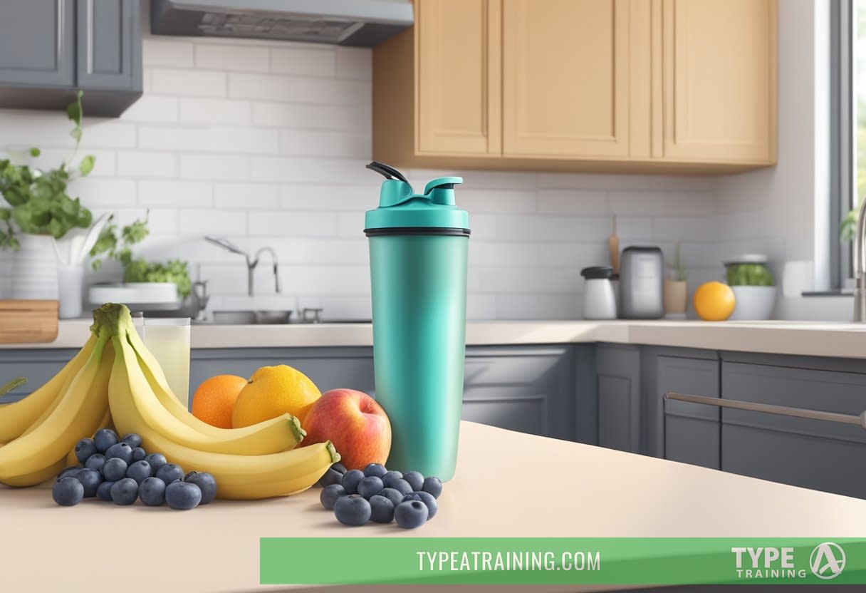A protein shake sits on a clean kitchen counter, surrounded by fresh fruits and a blender. A workout towel and water bottle are nearby
