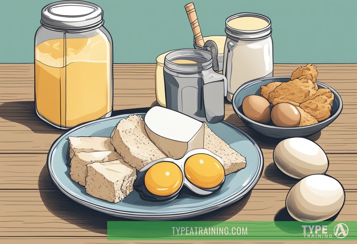 A hand reaches for a selection of protein sources, including eggs, chicken, and tofu. A protein shake sits on the counter, ready to be consumed before or after a workout