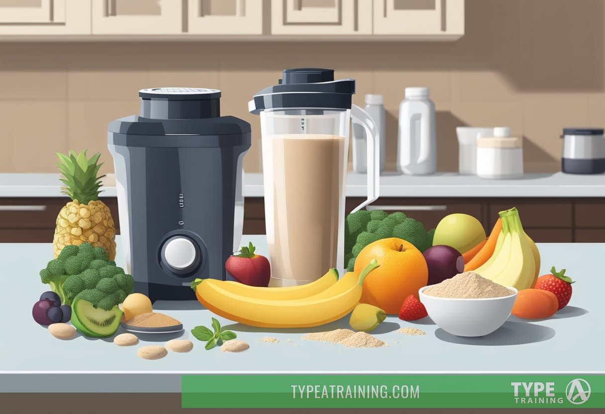 A protein shake sits on a kitchen counter, surrounded by a measuring scoop, a blender, and various containers of protein powder, fruits, and vegetables