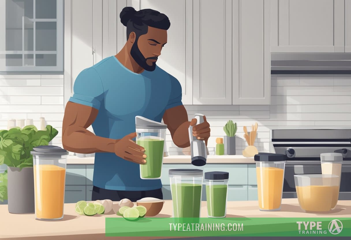 A person prepares a protein shake in a shaker bottle, with ingredients laid out on a clean kitchen counter. A workout area is visible in the background