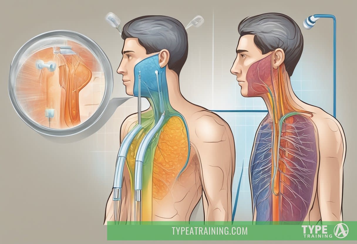 A split screen showing a cold shower on one side and a hot shower on the other, with arrows pointing to the circulatory and cardiovascular systems to illustrate the effects of each