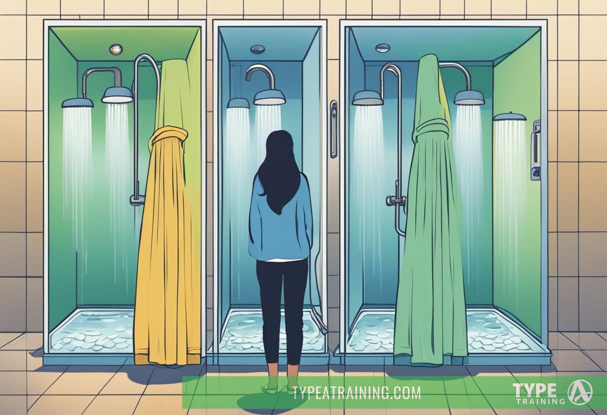 A person standing in front of two separate showers, one with cold water and one with hot water, pondering which one to choose