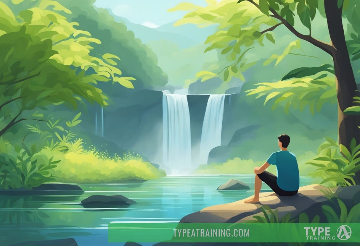 A serene natural setting with flowing water and lush greenery, with a figure in the distance practicing deep breathing exercises