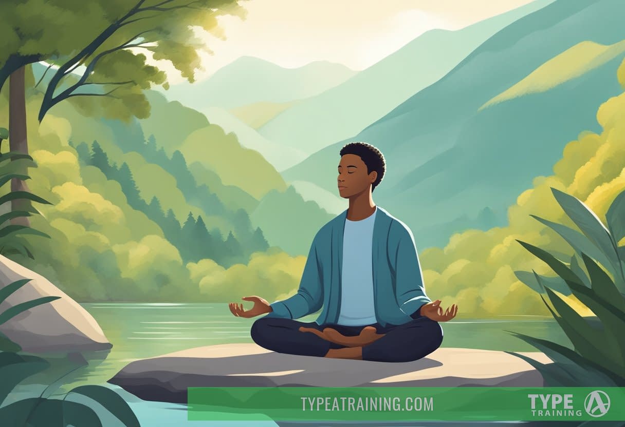 A serene setting with a person meditating, surrounded by nature, practicing deep breathing exercises to manage anxiety