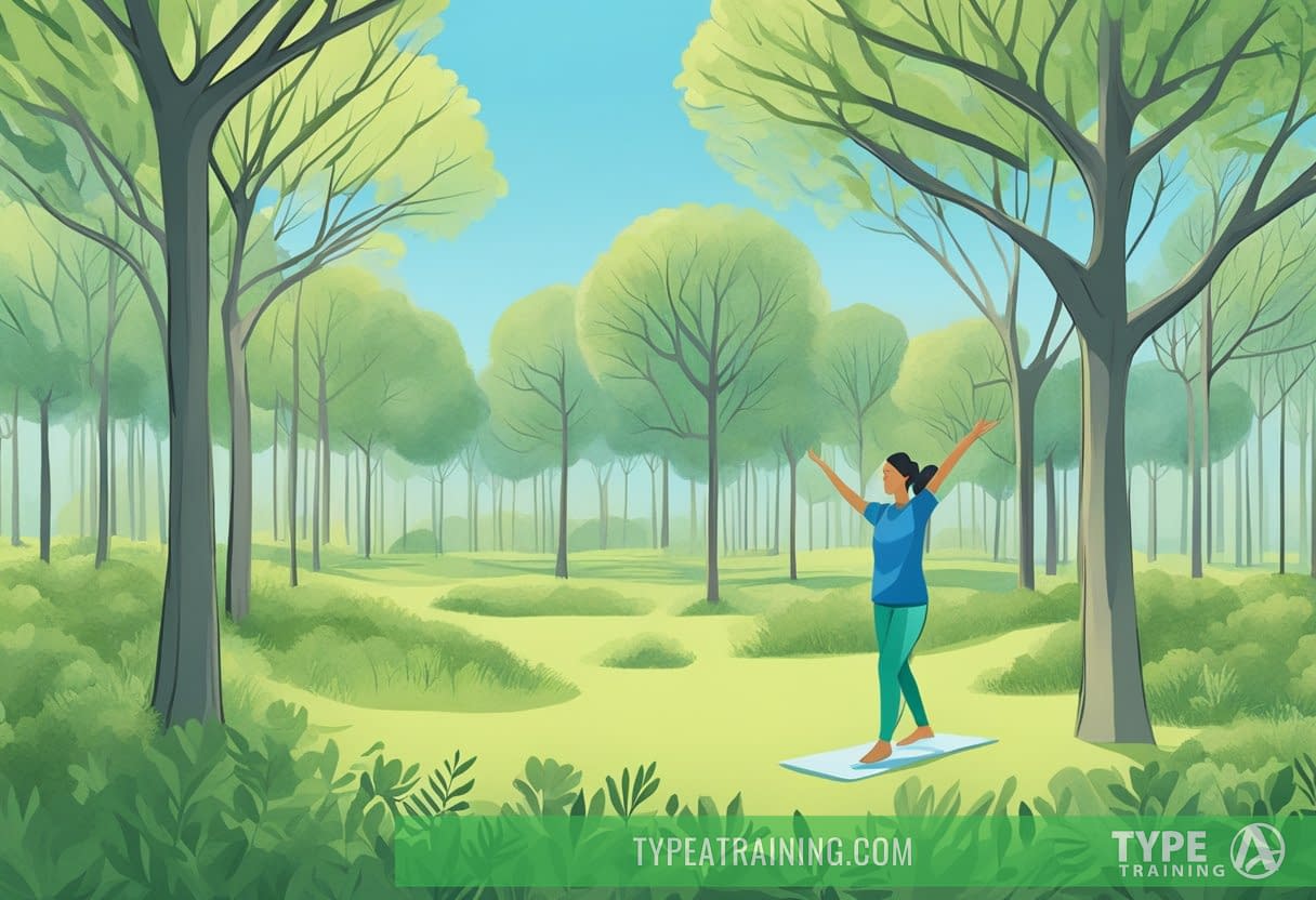 A person with Lyme disease exercises outdoors, surrounded by trees and a clear blue sky. They are engaged in gentle movement, such as yoga or walking, to manage their symptoms