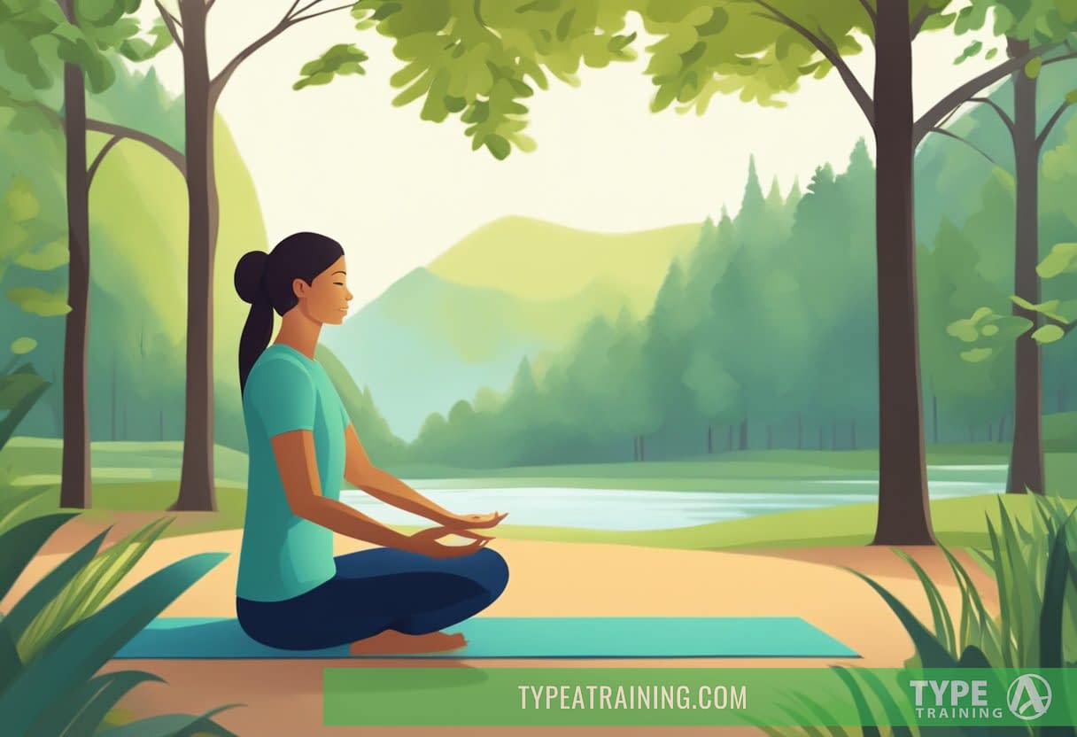 A person with Lyme disease is engaging in low-impact exercises such as yoga or gentle stretching in a peaceful outdoor setting, surrounded by nature