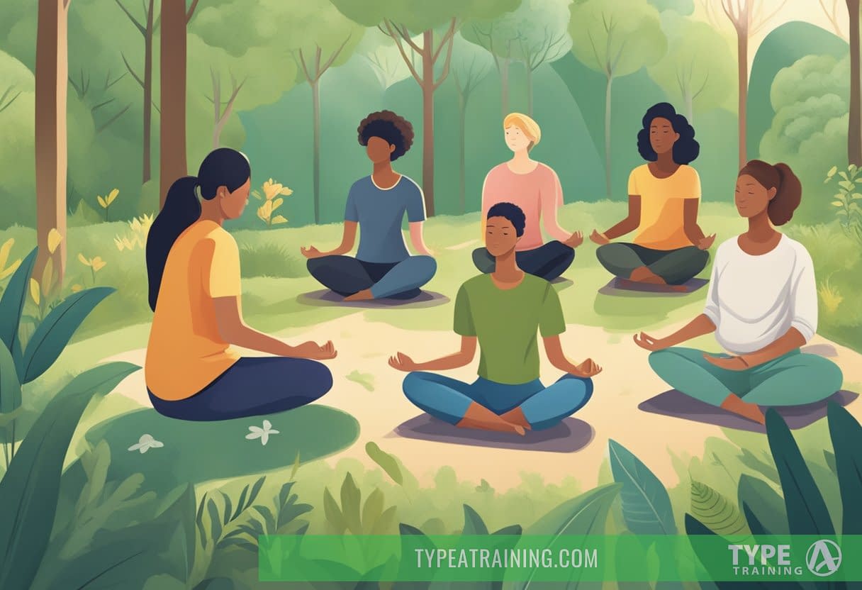 A person with Lyme disease sits in a peaceful, natural setting, surrounded by supportive friends and family, engaged in gentle, low-impact exercises like yoga or walking