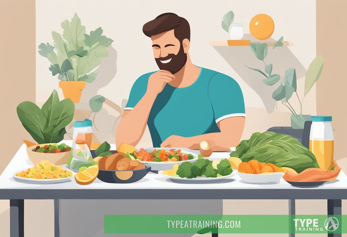 A table set with keto-friendly foods, exercise equipment, and a person resting with a positive expression