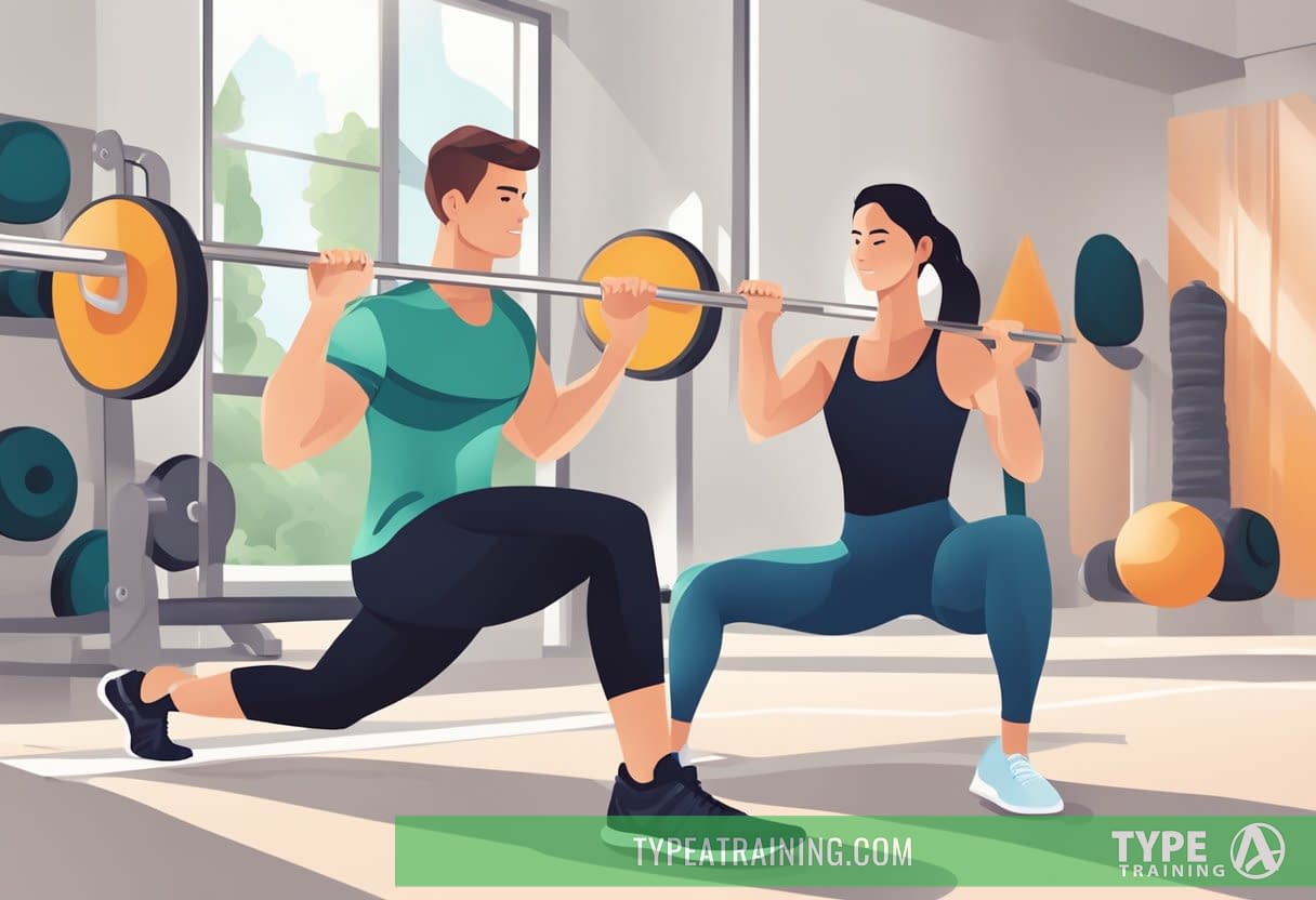 A person with Lyme disease exercises with a personal trainer, focusing on strength and flexibility. They work together in a bright, spacious gym with various equipment