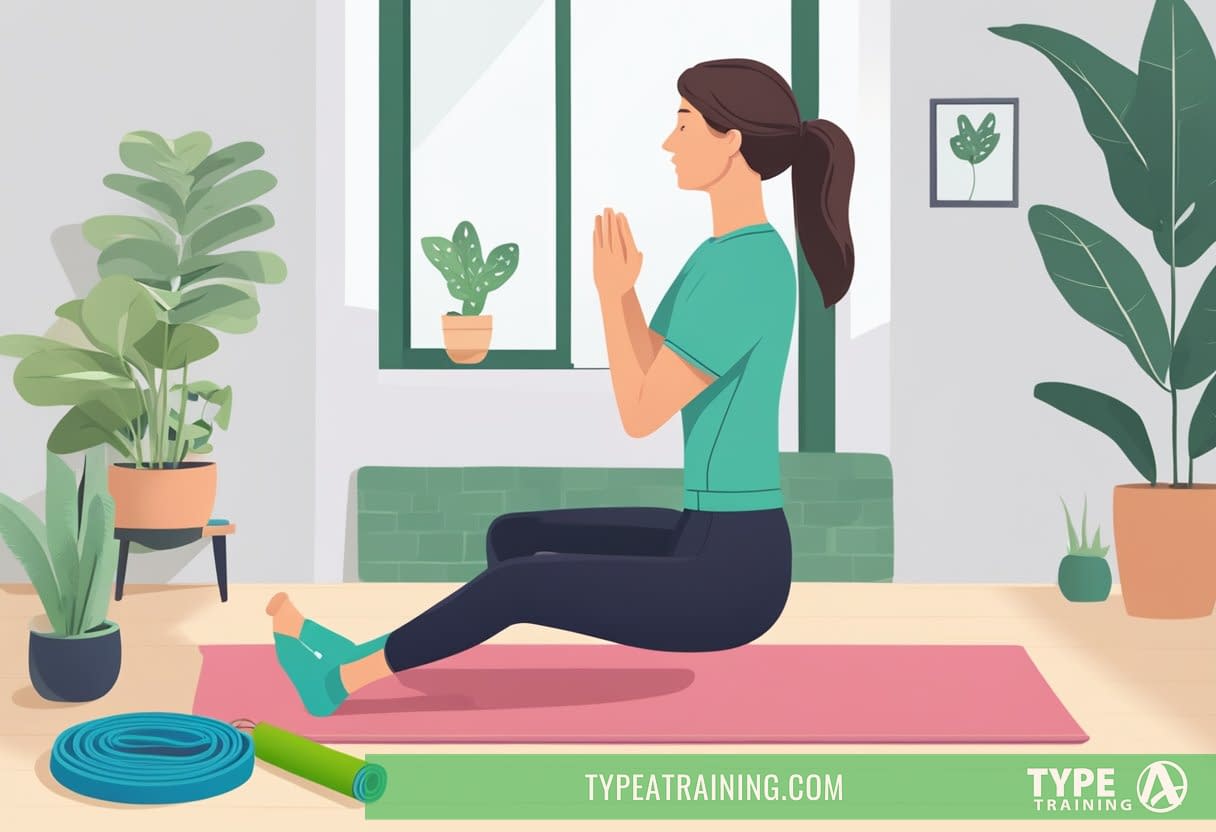 A person with Lyme disease exercises at home, using resistance bands and a yoga mat. They refer to a list of frequently asked questions about exercising with the disease