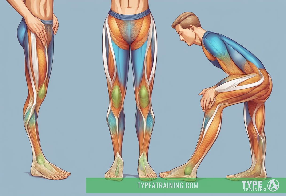 A person stretches their legs while standing on tiptoes, then massages the affected muscles to alleviate the cramps
