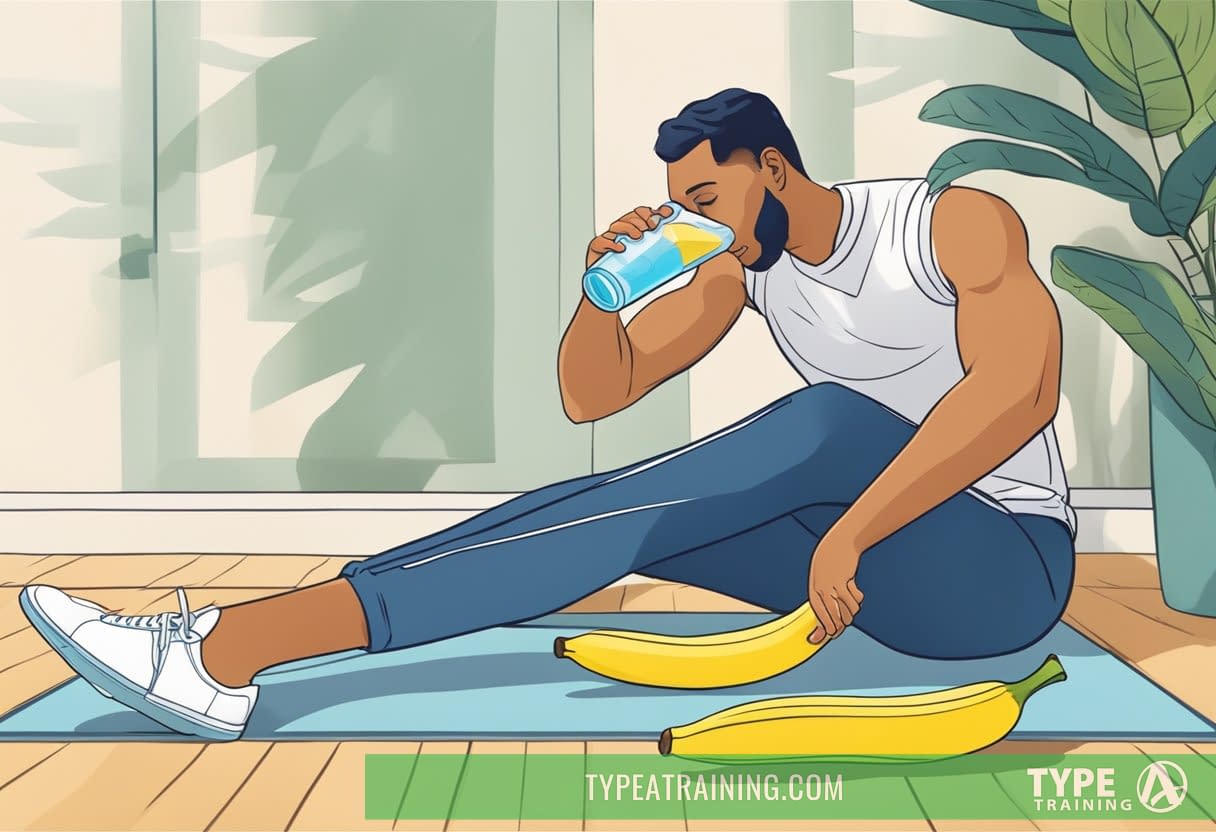 A person stretching their legs while drinking water and eating a banana