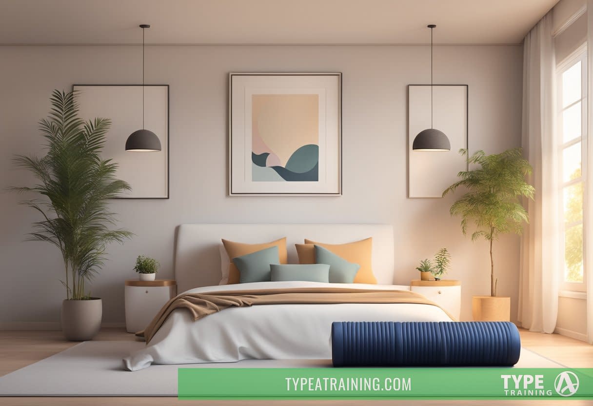 A serene bedroom with a yoga mat and foam roller next to a bed. Soft lighting and calming decor create a peaceful atmosphere for pre-bed exercises