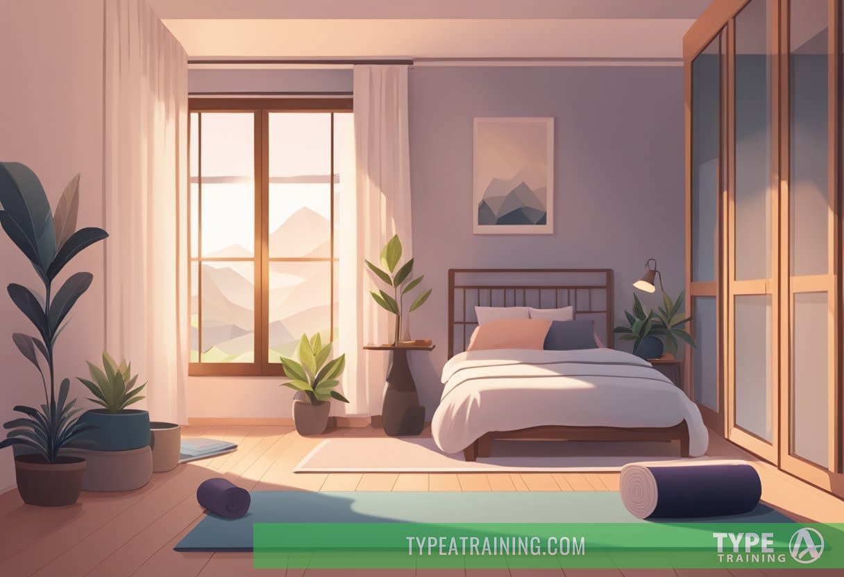 A serene bedroom with dim lighting, a yoga mat on the floor, and a person stretching or doing gentle yoga poses
