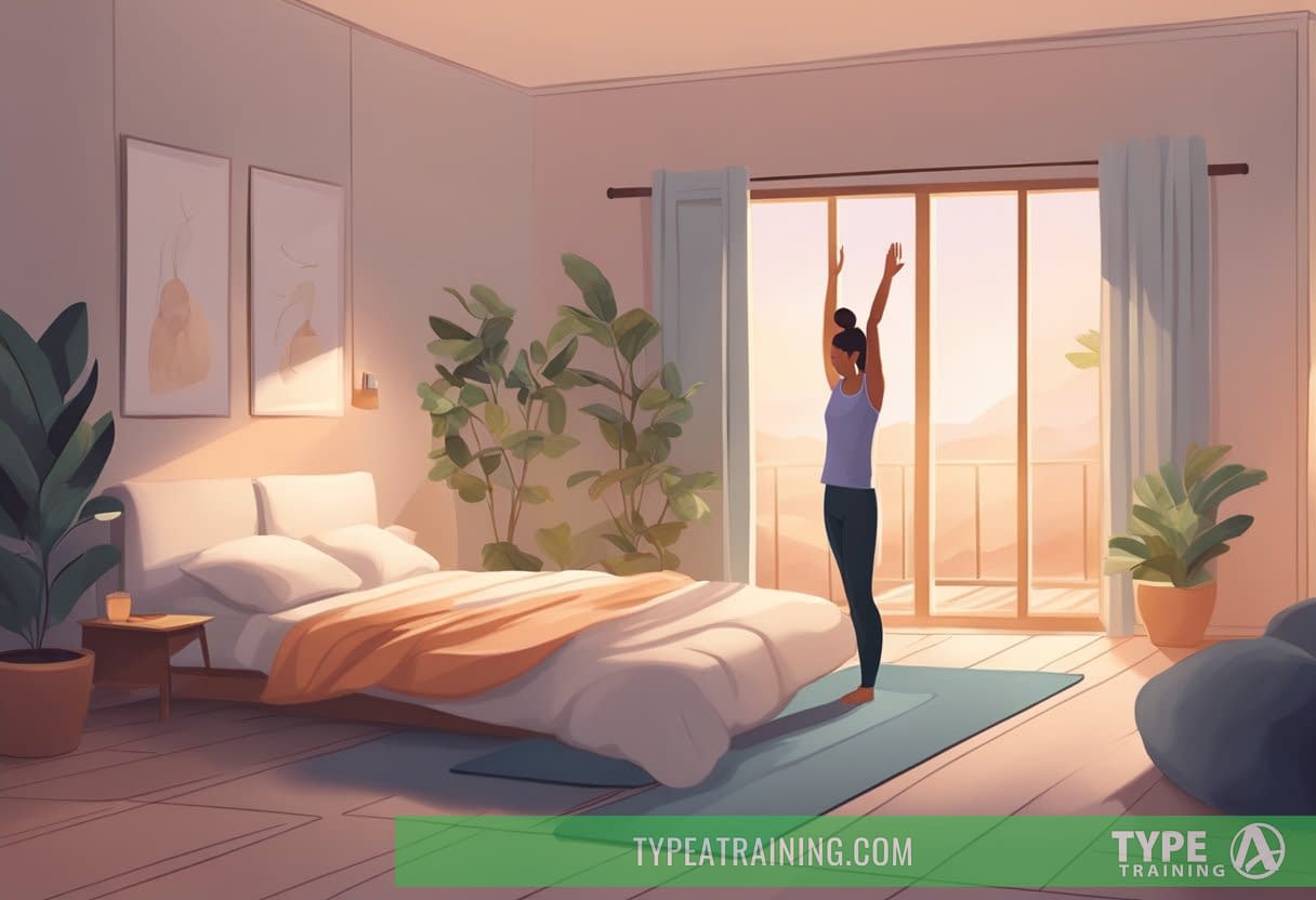 A serene bedroom with soft lighting, a yoga mat on the floor, and a person in pajamas doing gentle stretches and deep breathing exercises