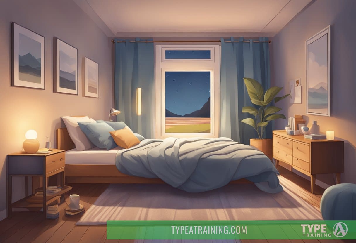 A peaceful bedroom setting with calming activities like gentle stretching, deep breathing, and meditation before bedtime