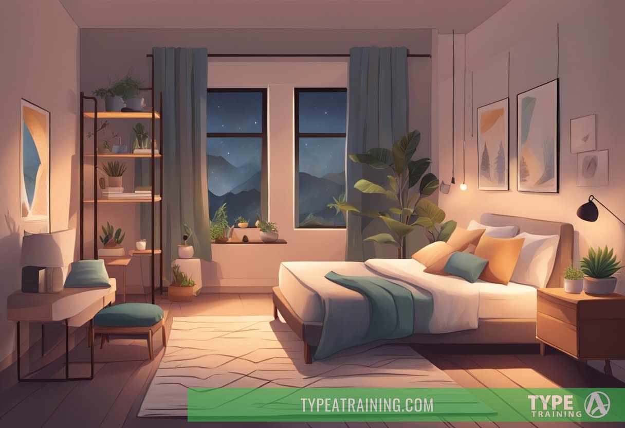 A cozy bedroom with dim lighting, a comfortable bed, and calming decor. A person doing gentle stretching or yoga poses before bed