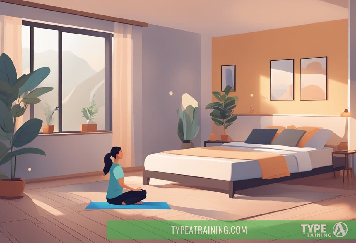 A serene bedroom with dim lighting, a yoga mat on the floor, and a person stretching or doing gentle yoga poses before bedtime