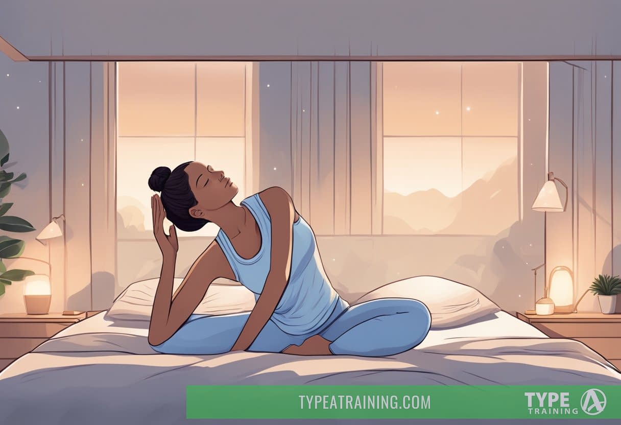 A person stretching in bed, doing light yoga poses, and deep breathing exercises before sleep