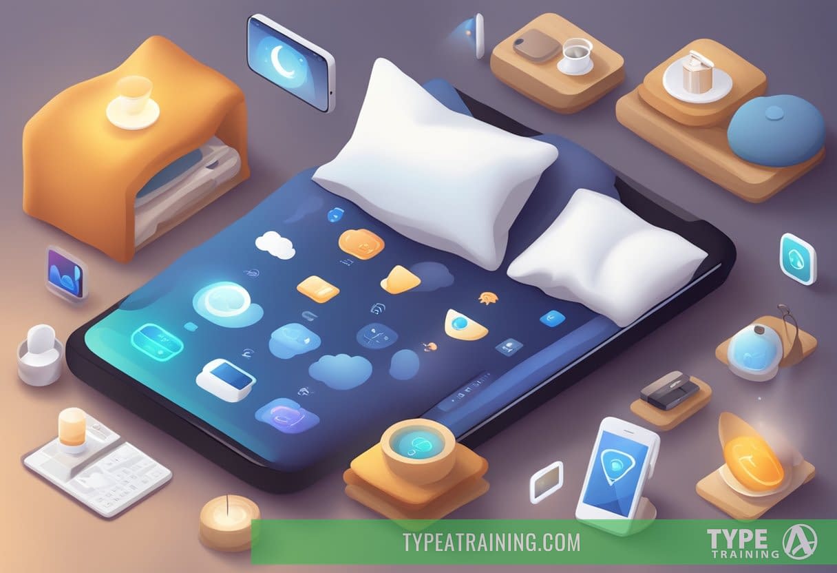 A cozy bed with a smartphone displaying various sleep app icons, surrounded by soft pillows and a warm blanket