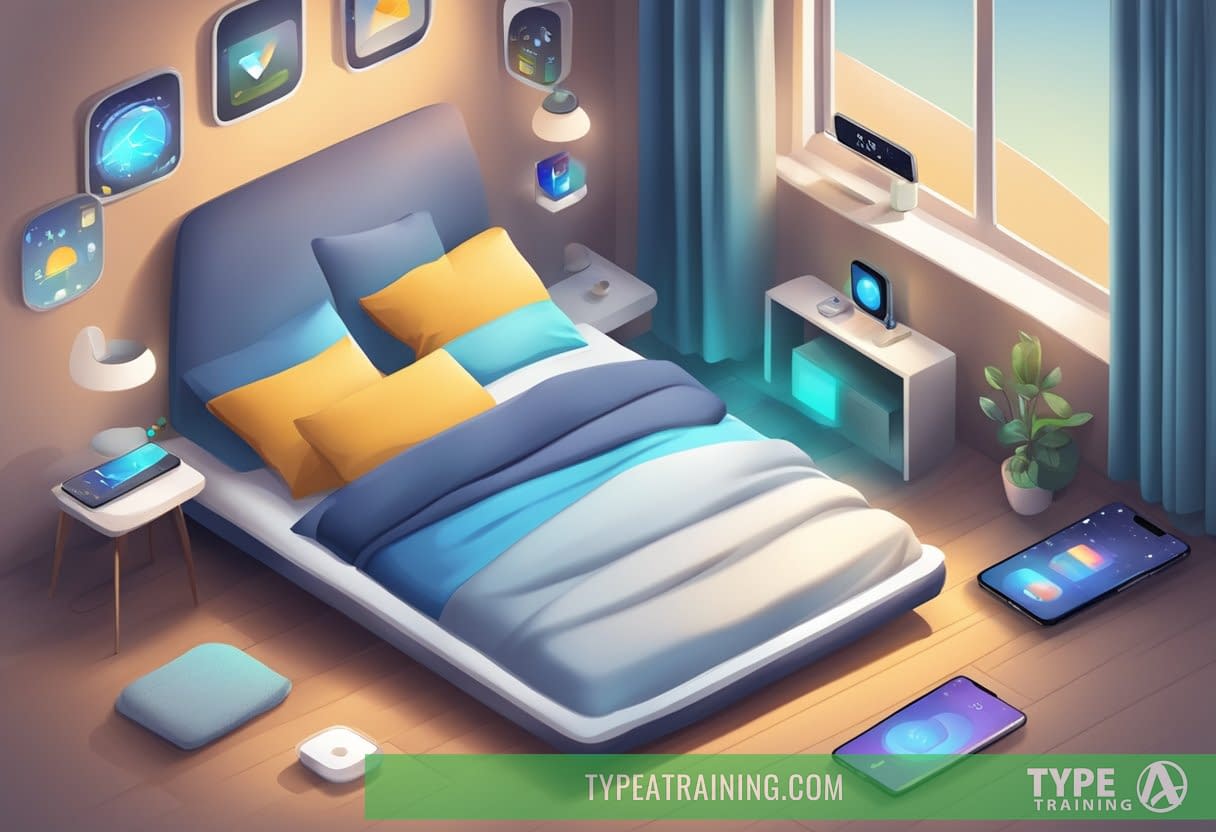 A cozy bed with a pillow surrounded by a smartphone and various sleep apps displayed on the screen