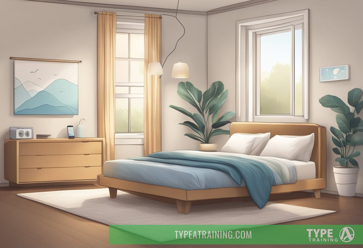 A serene bedroom with a smartphone displaying the Sleep Cycle app, a cozy bed, and a peaceful sleeping environment