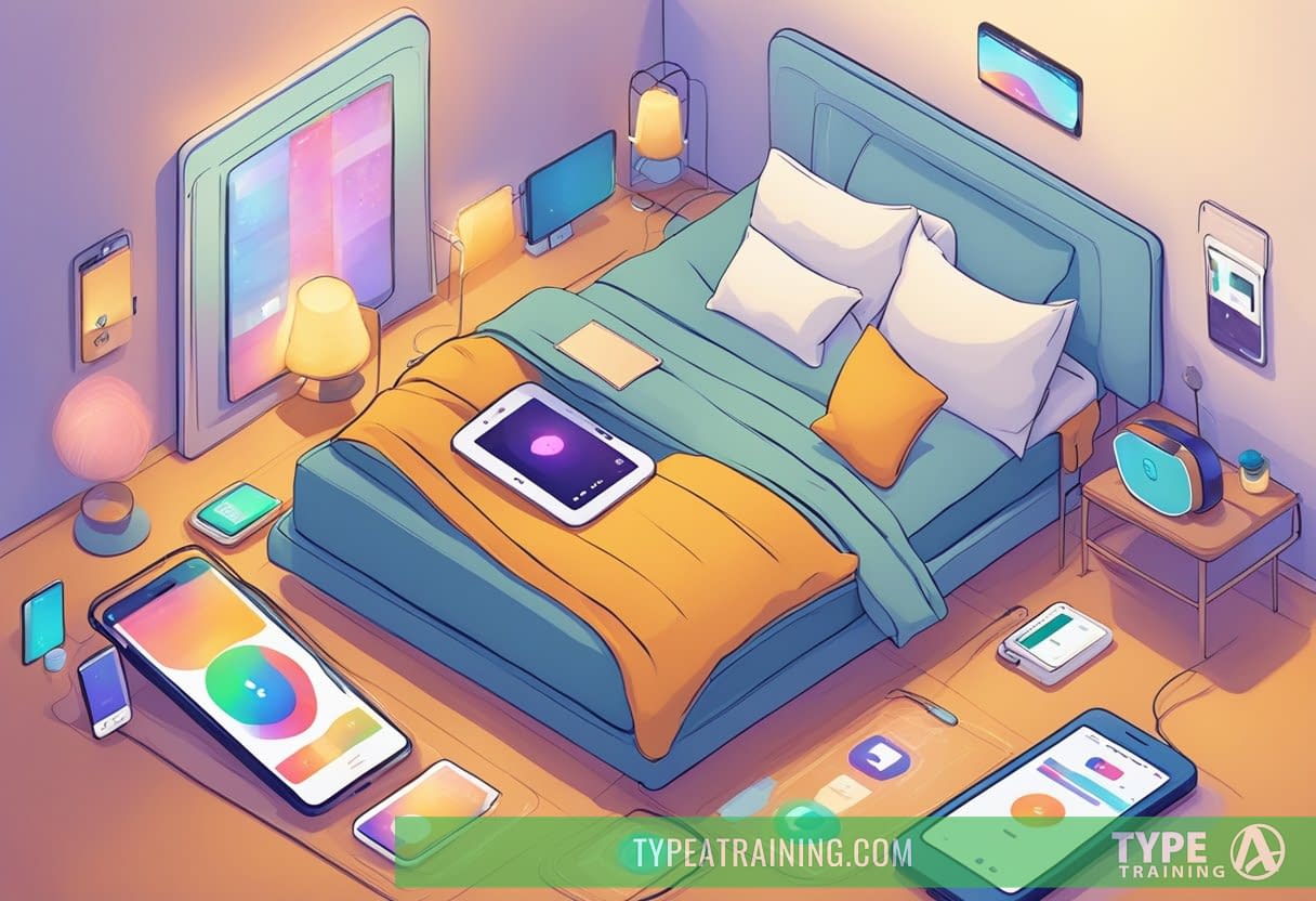 A cozy bed with multiple pillows surrounded by electronic devices displaying sleep apps