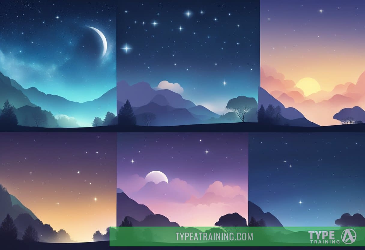 A serene night sky transitions through stages of the sleep cycle, from wakefulness to REM, with a peaceful atmosphere and gradual changes in lighting