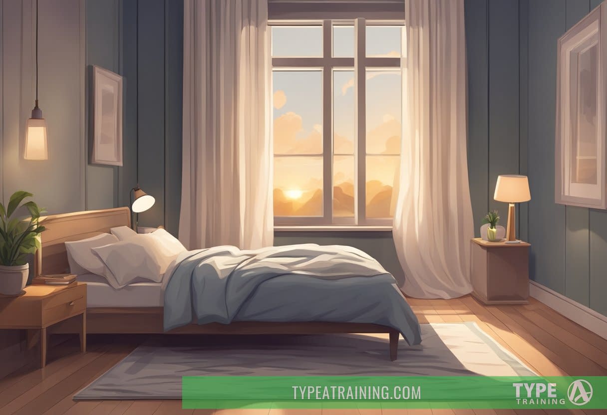 A peaceful bedroom with a cozy bed, a nightstand with a dim lamp, and a window with curtains gently blowing in the breeze