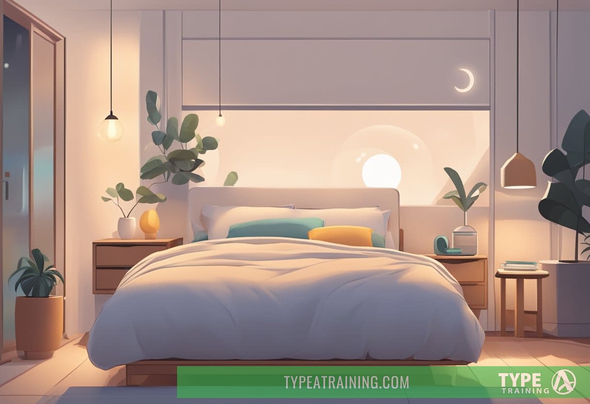 A peaceful bedroom with a cozy bed, a scale, and a sleep tracker on the nightstand. A person sleeping soundly with a content expression on their face