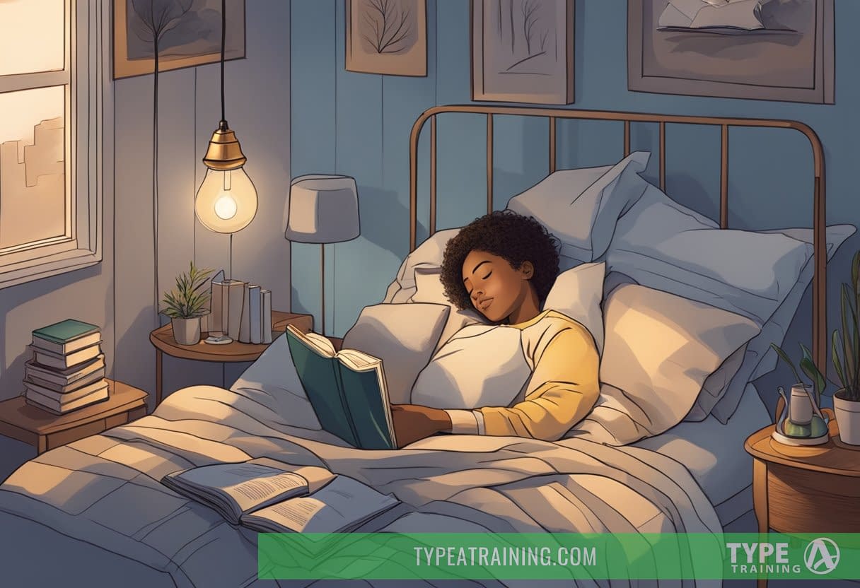 A person peacefully sleeping in a cozy bed, surrounded by calming elements like a dimmed lamp, a book, and a glass of water
