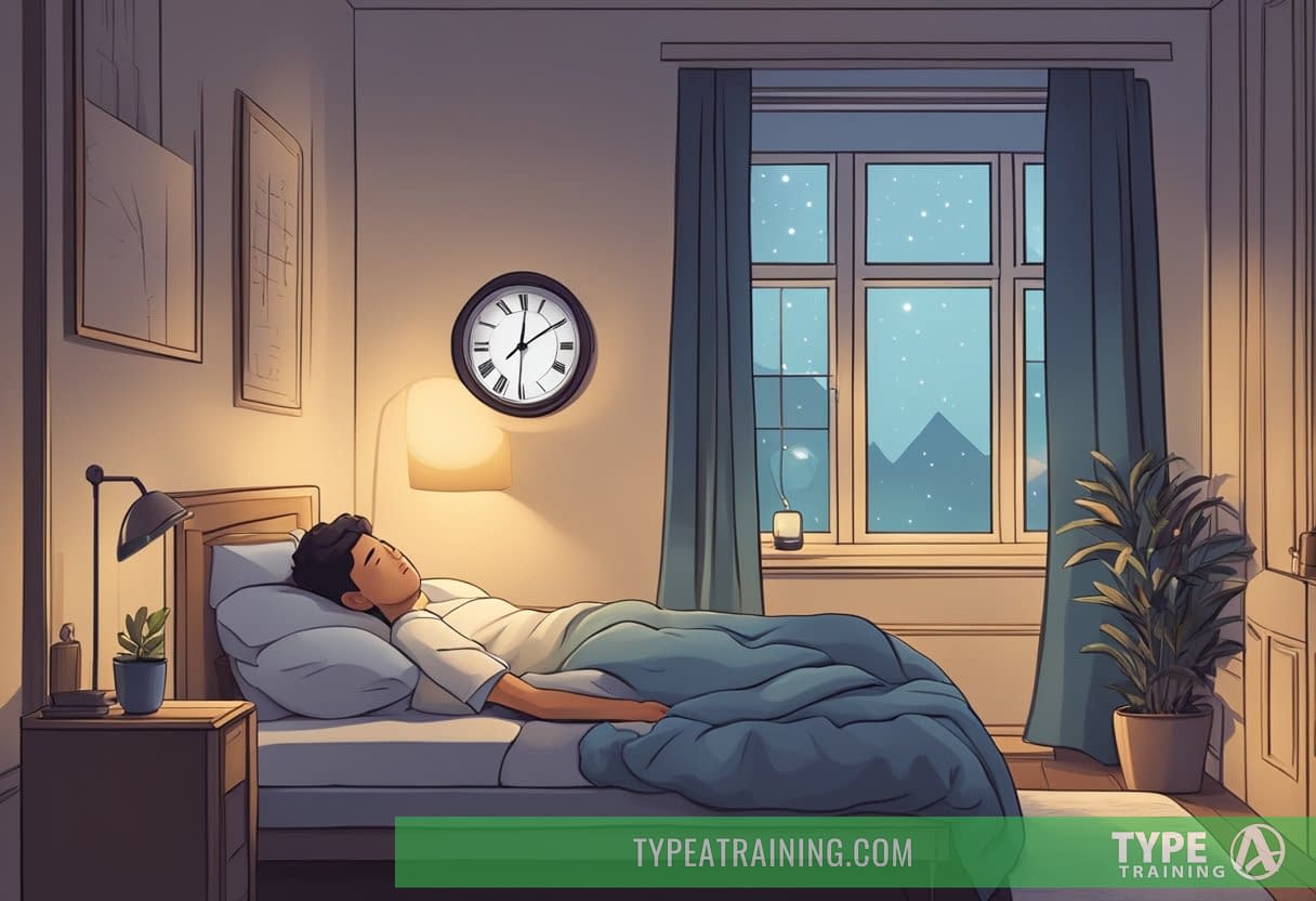 A person sleeping peacefully in a cozy bed, surrounded by a dimly lit room with a clock showing late night or early morning hours