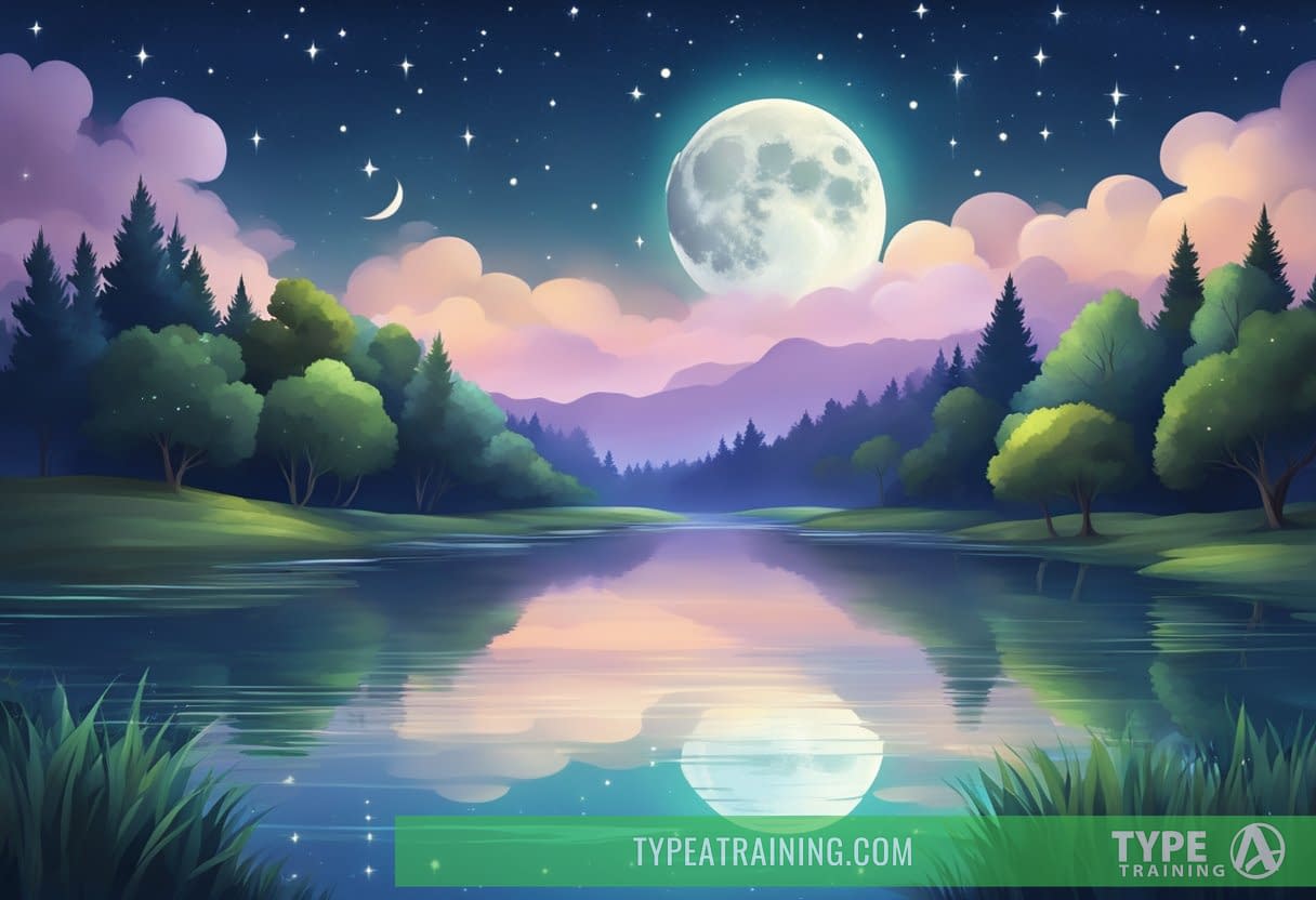 A serene night sky with a moon and stars shining down, surrounded by a tranquil landscape of greenery and flowing water