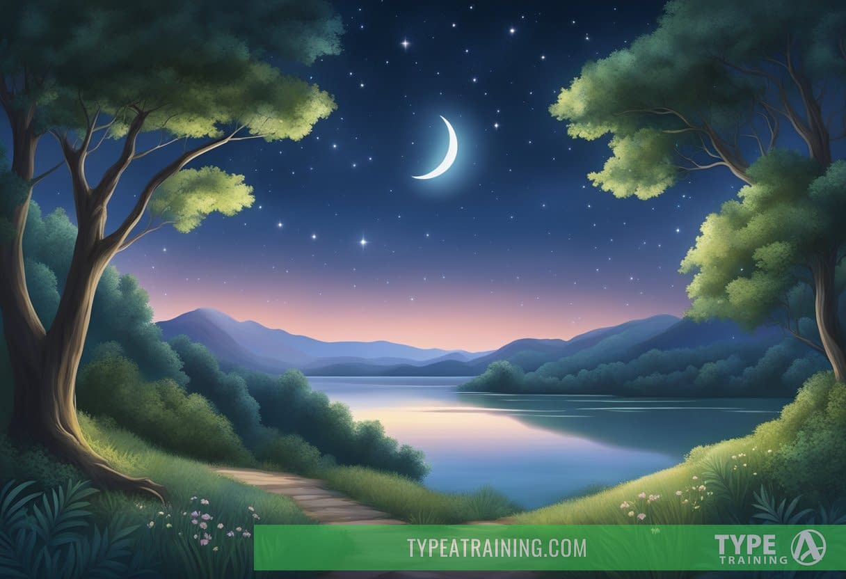 A serene night sky with a crescent moon shining down on a peaceful landscape of lush greenery and a tranquil body of water, with various sources of magnesium and tryptophan subtly integrated into the scenery