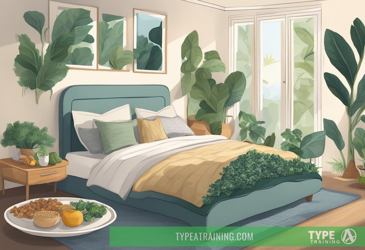 A serene bedroom with a tray of foods rich in magnesium and tryptophan, such as nuts, seeds, and leafy greens, next to a cozy bed with soft, inviting pillows and blankets