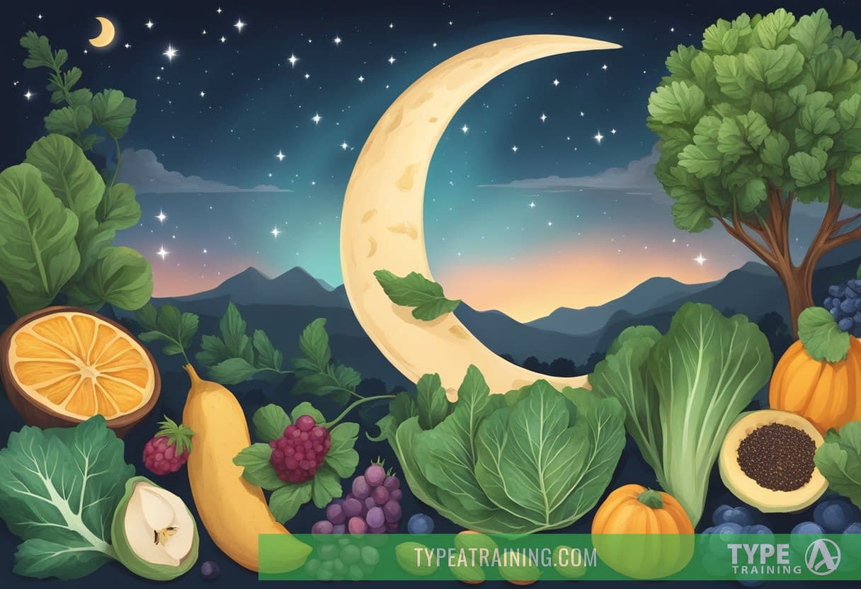 A serene night sky with a crescent moon shining above, surrounded by a variety of nutrient-rich foods such as leafy greens, nuts, and seeds
