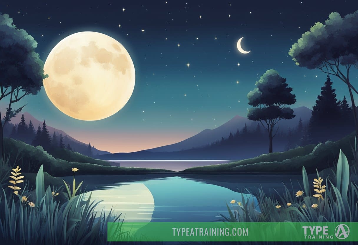 A serene night sky with a crescent moon shining down on a tranquil landscape. A peaceful scene with a focus on natural elements such as plants and water
