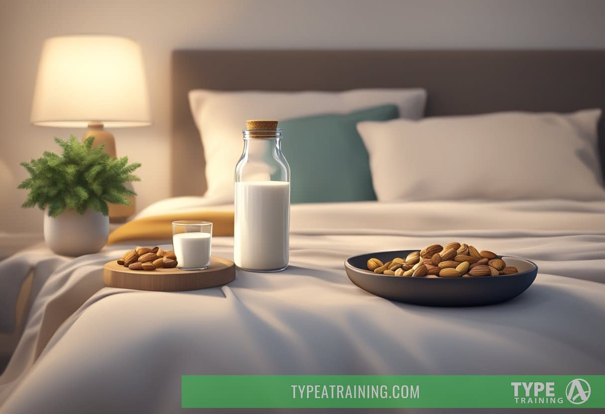 A serene bedroom setting with a bedside table holding a glass of warm milk, a bowl of nuts, and a bottle of magnesium supplements. A peaceful atmosphere with soft lighting and cozy bedding