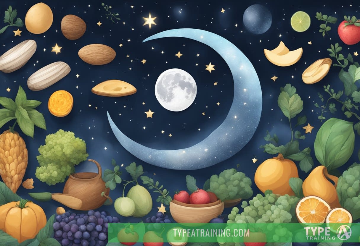 A serene night sky with a crescent moon and stars, surrounded by images of magnesium-rich foods and sources of tryptophan