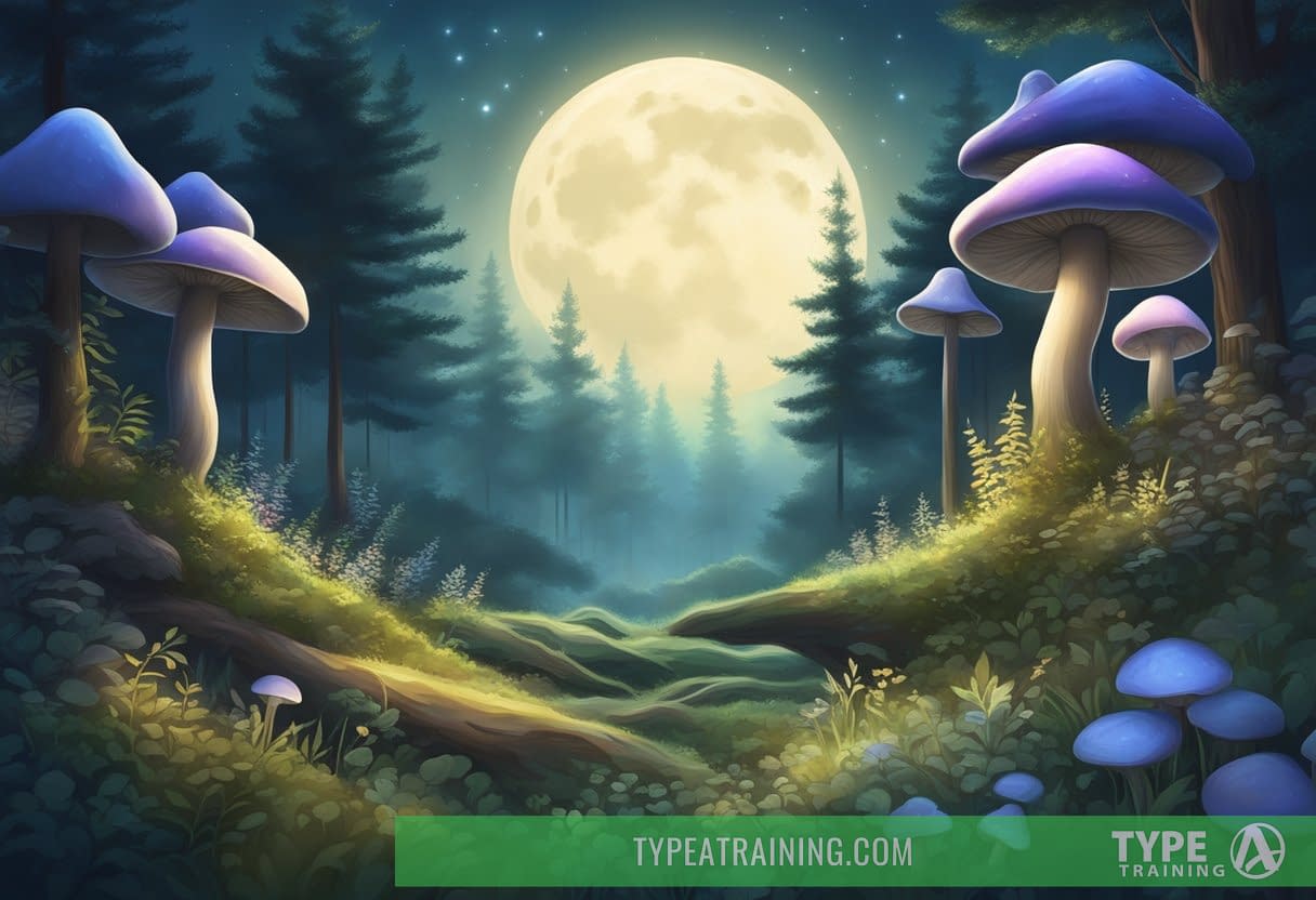 A serene forest clearing with moonlit mushrooms and tranquil herbs intertwined with glowing energy