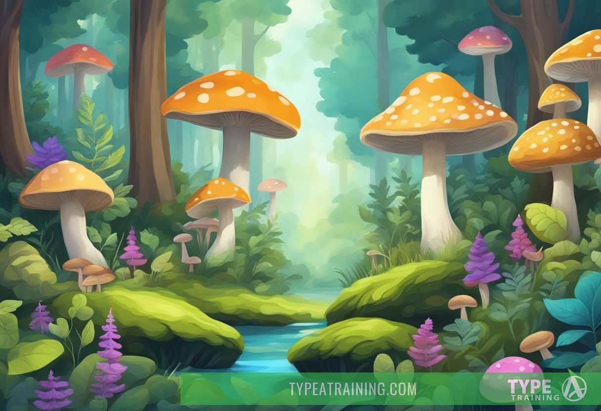 A tranquil forest with a variety of colorful herbs and mushrooms growing among the trees, creating a peaceful and soothing atmosphere