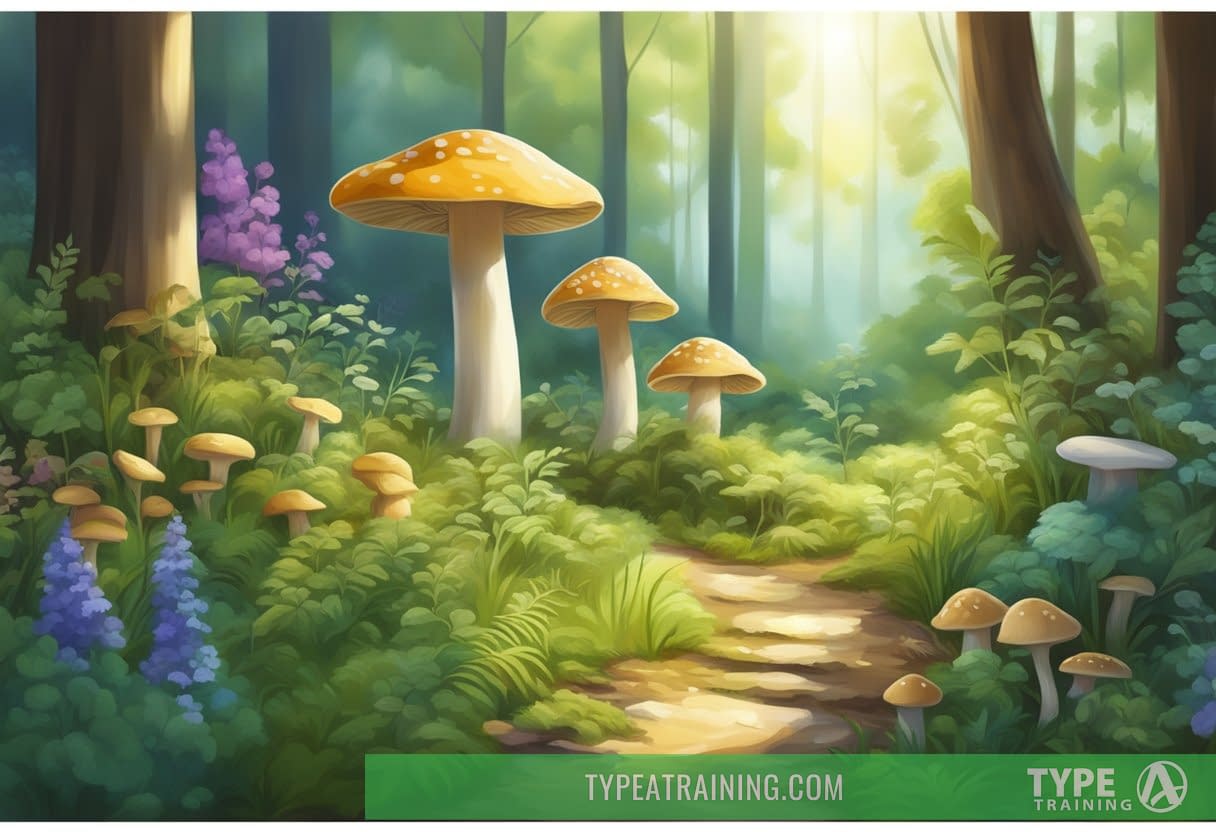 A tranquil forest clearing with a variety of colorful herbs and mushrooms growing amidst the dappled sunlight, conveying a sense of peace and natural healing