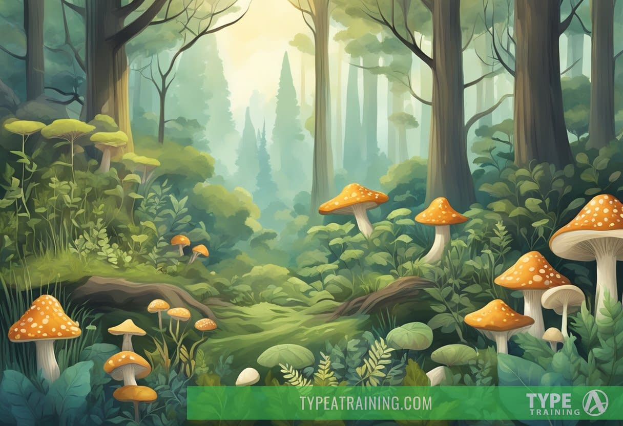 A serene forest with various herbs and mushrooms growing among the trees, symbolizing the power of adaptogens in promoting better sleep and stress resilience