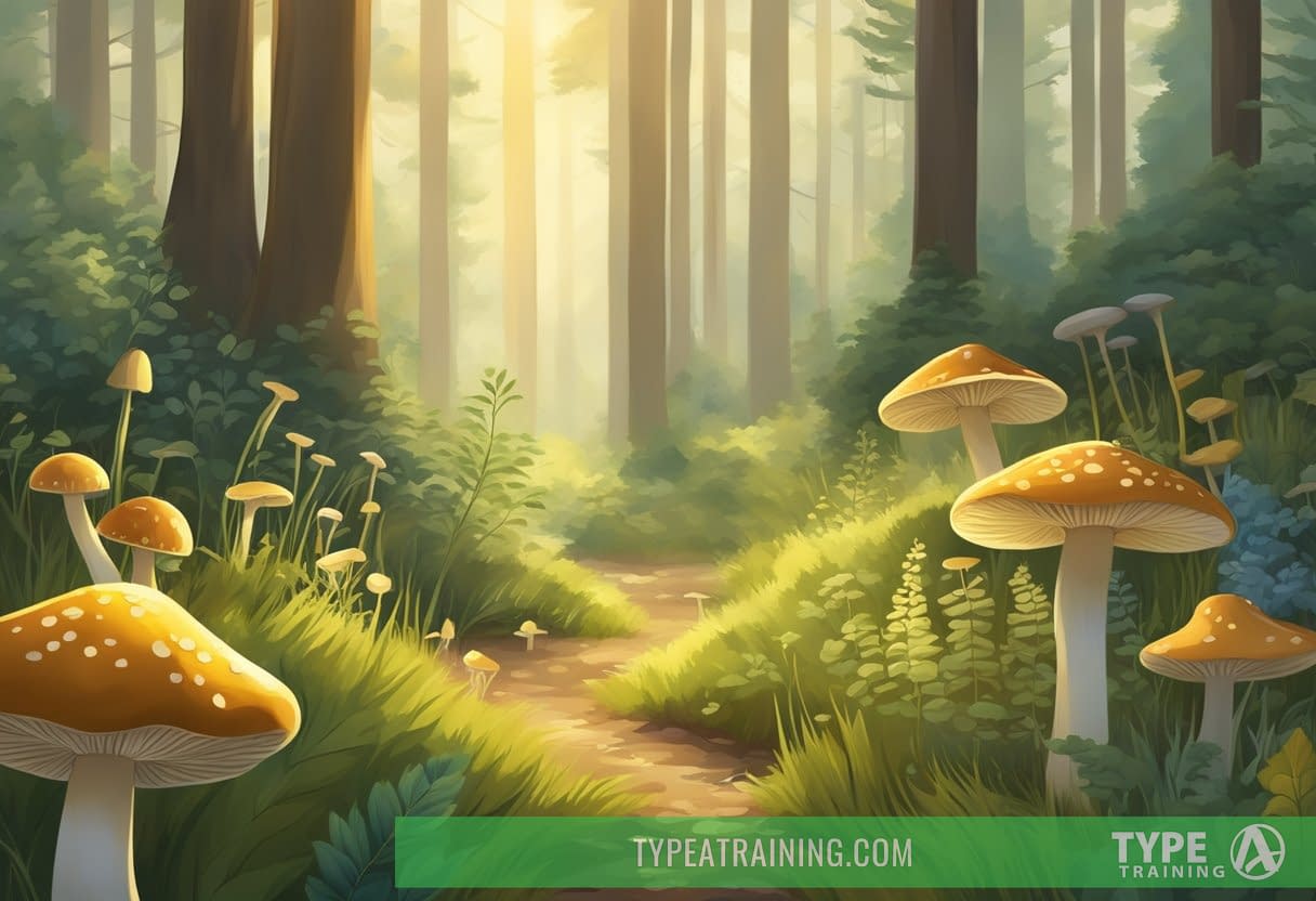 A tranquil forest clearing with various herbs and mushrooms growing, surrounded by tall trees and bathed in soft, golden sunlight