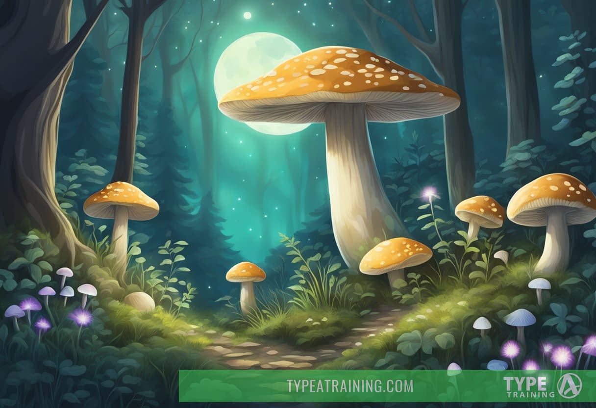 A tranquil forest clearing with moonlit mushrooms and serene herbs glowing with a calming energy