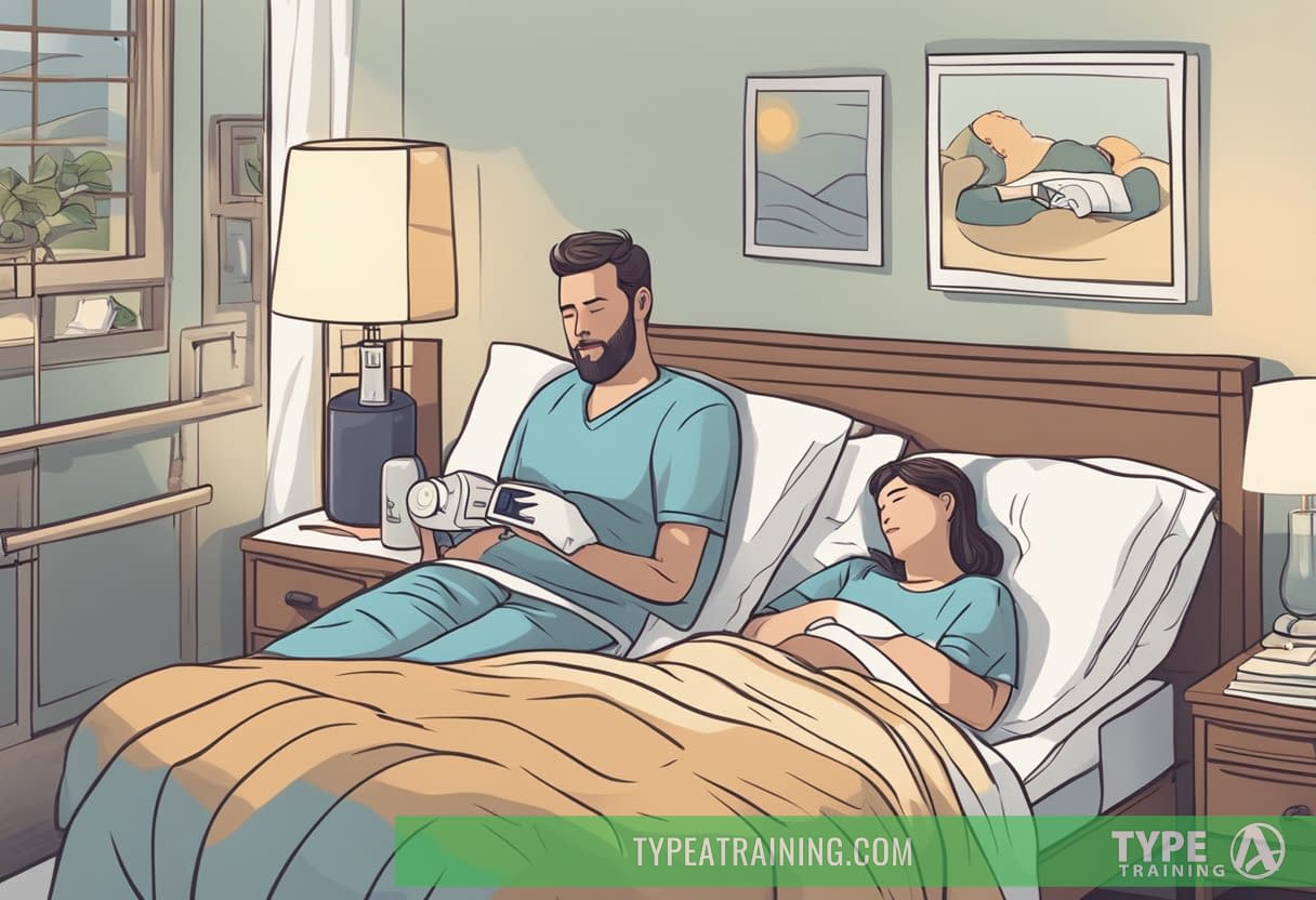 A couple peacefully sleeping in bed, with a CPAP machine on the nightstand and a headline about the benefits of sleep apnea treatment