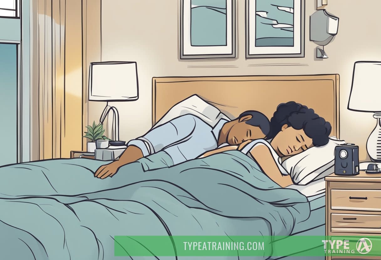 A couple sleeping peacefully in bed, with a CPAP machine on the nightstand, symbolizing the positive impact of sleep apnea treatment on relationships